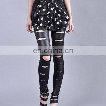 Fashion New Best Selling Imitation Leather Broken Holes Ladies Sexy Legging Pants