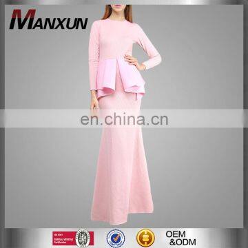 2017 New Arrival Pink Round-Neck Long Sleeves Maxi Skirt Muslim Women Kurung Mermaid Cut