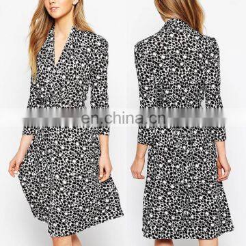 British style long sleeve bubble print tea dress elegant v neckline women outwear formal dress office ladies western wear