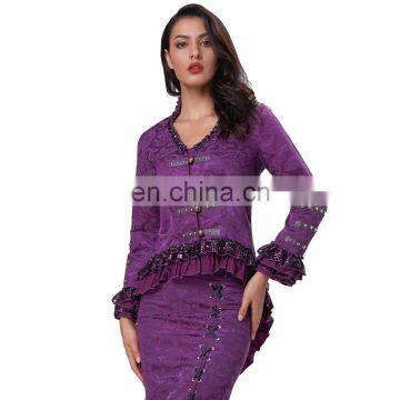 Belle Poque Women's Gothic Victorian Corset Style Lace Embellished V-Neck Jacquard Purple Coat Retro Vintage Tops BP000223-3