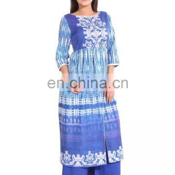 Designer Long Dress Cotton Flared Front Open Slit Boat Neck Blue Color 3/4 Sleeve For Women Manufacturer of Kurti India photo-2