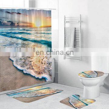 Ocean Shower Bathroom Mat Set Shower Curtain Set Non Slip Bath Mat Contour Mat Toilet Cover Fabric Shower Curtain with 12 Hooks