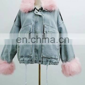 TWOTWINSTYLE Winter Coat Women Lapel Long Sleeve Hem Drawstring Patchwork Fur Loose Thick Denim