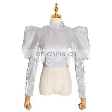 TWOTWINSTYLE Casual Ruched Silk Women's Blouses Stand Collar Puff Long Sleeve Short Shirts