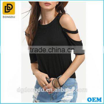 shoulder cut out black bodycon crop plain t shirt for girls