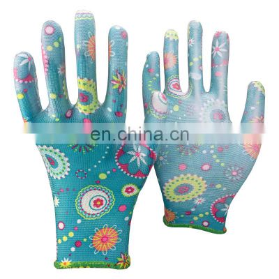 13 Gauge Printed Polyester Gloves Light Duty PU Garden Work Gloves