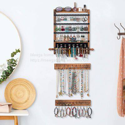 JEWELRY ORGANIZER WALL MOUNTED WALL JEWELRY ORGANIZER SET OF 3 WOOD HANGING JEWELRY ORGANIZER RUSTIC JEWELRY HANGER FOR JEWELRY STORAGE DISPLAY GIFT (BROWN+BLACK)