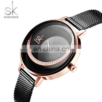 SHENGKE K0088L Feminine Rose Gold Diamond Wristwatches OEM Logo Quartz Watch Black Mesh Band Hand Watch