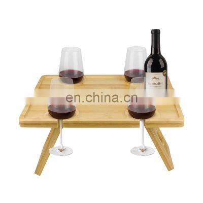 Portable Wine Picnic Table Folding Bamboo Snack Cheese Table with Wine Bottle and Glass Holder for Camping, Beach,Park