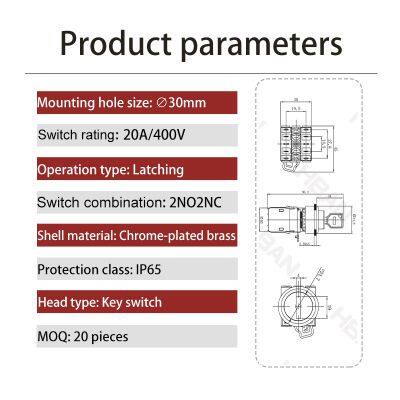 Ip65 30mm Key Rotary 3 Position Chrome Plated Brass 20a 2NO 2NC Latching Switch photo-2