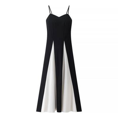 Spring and summer new European and American women\'s clothing black and white color blocked suspender women\'s dress