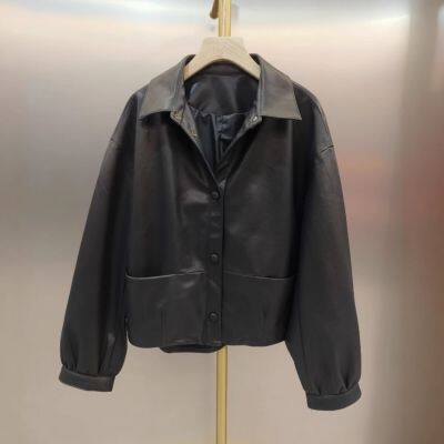 Jacket en cuir de mouton de Haining pour femme, modèle court et tendance, style casual et ample, pour le printemps, l'automne et l'hiver