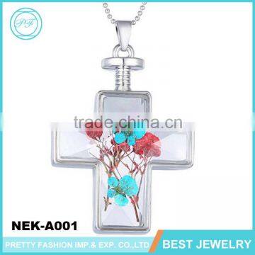 Pressed Flower Multi-Colored Cross Pendant Necklace