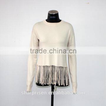 2015 New autumn winter round collar loose long sleeve hem tassel solid color sweater sweater hand making designs