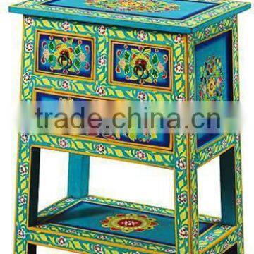 INDIA ANTIQUE MULTI COLOR WOODEN THREE DRAWERS BED SIDE