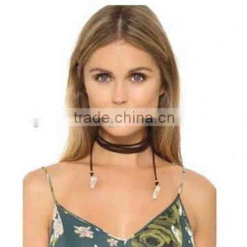 Long suede leather wrapped quartz pendent choker necklace