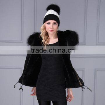 Drawstring waist Jacket Vest With Fake Fur Lining Luxury Colorful Raccoon Fur Hood