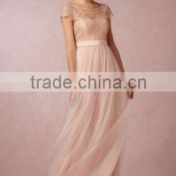 Elegant Short Sleeves Long Chiffon Lace Bridesmaid Dress B05