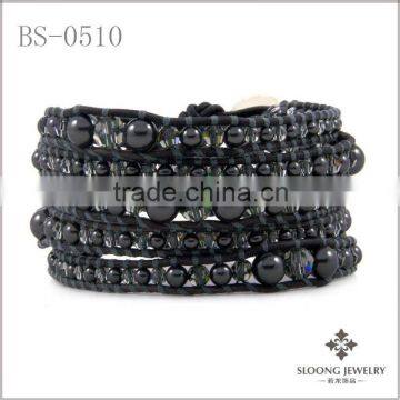 Matte Beads Graduated Wrap Bracelet On Black Leather