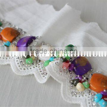 100% Cotton Water Soluble Lace Trim With Colorful Beaded Design for Sale