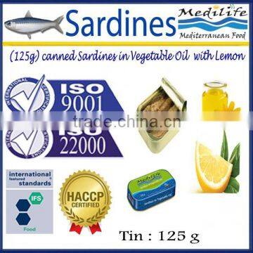 125g Canned Sardines in Vegetable Oil with lemon,High Quality canned Sardines,Sardines in cans in Vegetable Oil with Lemon 125g