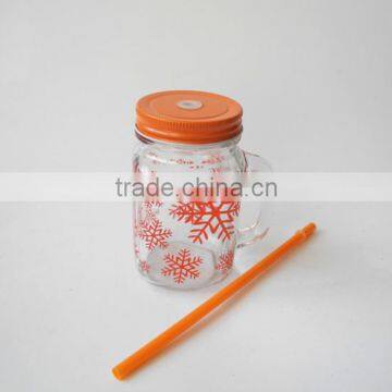 Hot Sale Snowflake Surface Handling Glass Cold Drink Jar With Straw photo-3