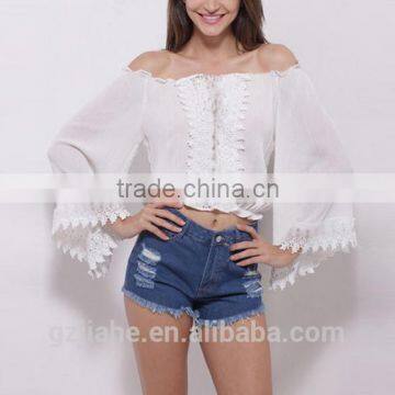 New fashion women boat neck chiffon lace loose batwing sleeve tunic tops