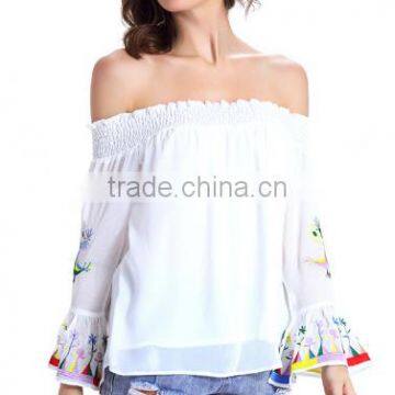 2016 New Fashion Slash Neck Shirts Women Long Sleeve Chiffon Blouses Strapless Embroidered Print Blusa Feminina photo-5