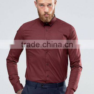 Guangzhou High Quality Custom Long Sleeve Point Collar Mens 97% Cotton 3% Elastane Casual Slim Fit Plum Solid Shirts