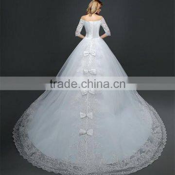 MGOO Lace Trim Hem Beaded Empire Vintage Floor Length Off Shoulder Wedding Dress Bride Grown Long Sleeve photo-2