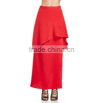 MGOO New Arrival Manufacturer Skirt Women Red Plain Maxi Ruffles Two Layers Runway Fashion Skirt 15146A143 photo-5