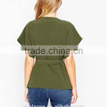 Wholesale Wide-cut Cuffs Wrap Design Lady Blouse,fashion Belted Blouse 2016 photo-3