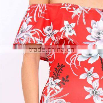 Best Sell Women Clothing off the Shoulder Floral Bodycon Midi Dresses photo-6