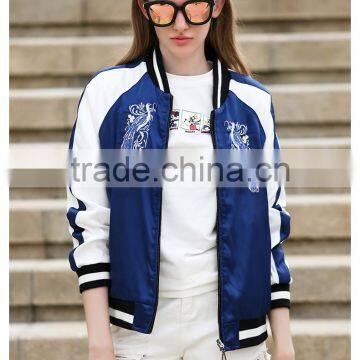 Ladies Autumn Embroidered Reversible Windproof Casual Bomber Jacket