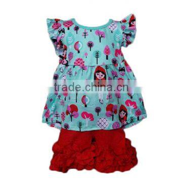 bulk wholesale kids clothing summer 2017 Little Red Riding Hood printing top with ruffle red shorts kids reflective clothing