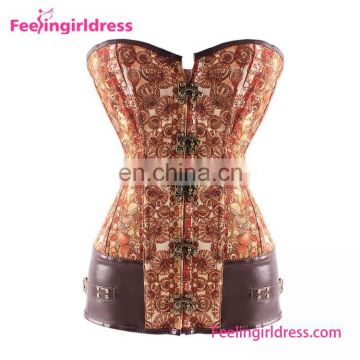 Vintage Prited Overbust Plastic Steel Boned Lace Bustier Top