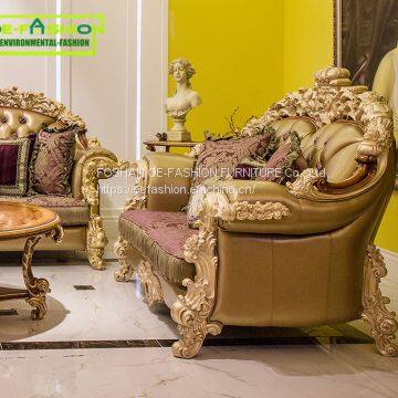 OE-FASHION 3 Seater Golden Wooden Genuine Leather Recliner Chesterfield Sofa photo-3