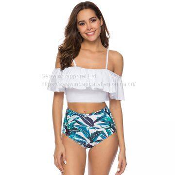 Latest Design 7 Color High Waist Ruffle Two Piece Set Printing Sport Beach Swimsuit Swimwear Women