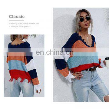 Women Autumn Fashion Thin V-neck Striped Pullover Sweater photo-5