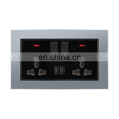 Universal Type 146 Double 3 Pin Wall Socket With Switch Aluminum Alloy Panel Sockets And Switches Electrical With LED Light photo-2