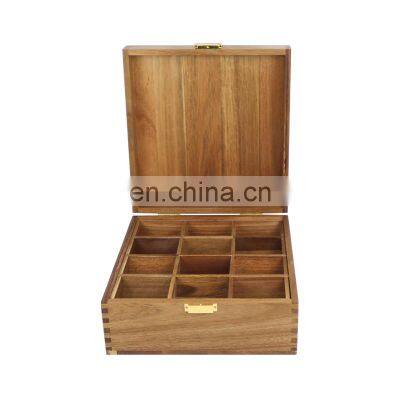 MSL 12 Compartments Large Acacia Wood Tea Bga Box Storage Organizer With Lock photo-4