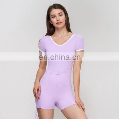 Soft Slim Fit Gym Fitness Sports Yoga Crop Top Built In Bra Padded Workout Running Training Wear Clothes T Shirts For Women photo-3