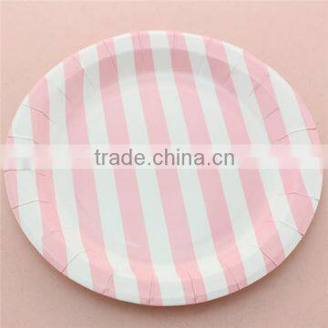 9 Inch Baby Pink Striped Round Paper Plates for Wedding Decoration