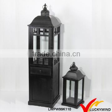 Glass Panels Tall Antique Black Candle Lantern with Drawer                        
                                                Quality Choice