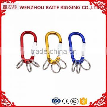 Colorful aluminum carabiner with 3 pcs key ring ,D shaped aluminum snap hook with keyring