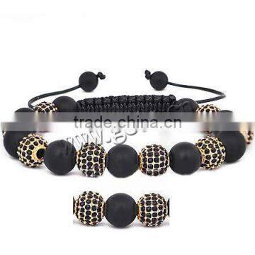 Black Agate Woven Ball Bracelets, with Wax Cord & Zinc Alloy