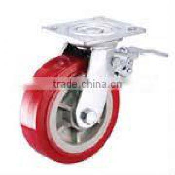 Medium Duty Swivel Brake Castor Red TPU Wheels, Roller Bearing