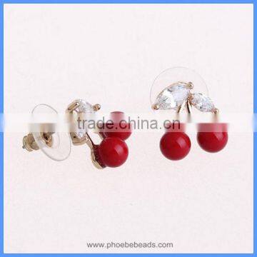 Wholesale Birthday Gift Trendy Cute Jewelry Clear Crystal Zircon Stone Red Cherry Stud Earrings For Girls FSE-001