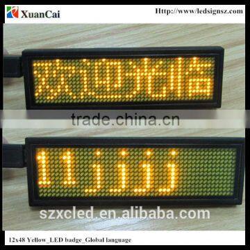 Yellow color Worldwide language 12X48Y 5V USB + Rechargeable battery mini LED display/LED name card/LED tag /Led badge