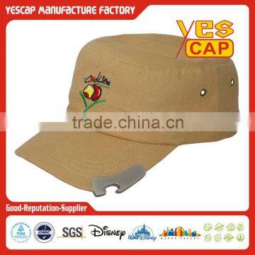 canvas flat top army cap with bottle opener on visor